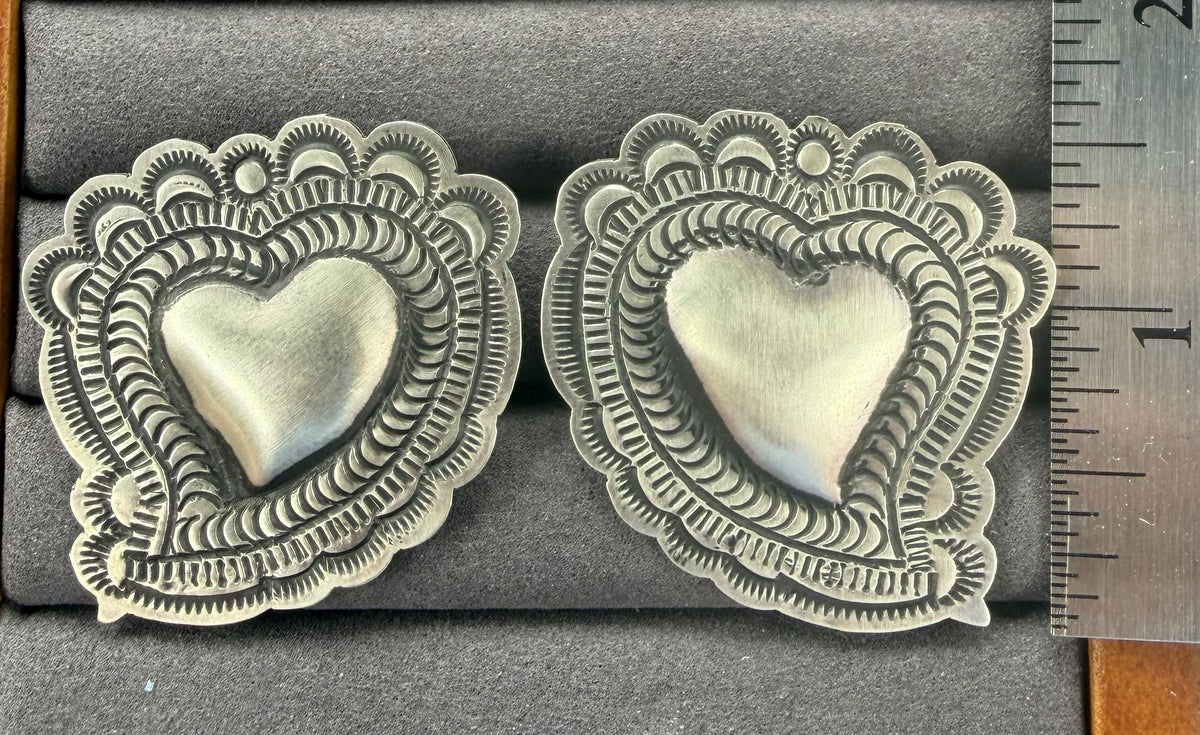 *Native American Made*  Navajo Leander Tahe:  Heart Etched Earrings