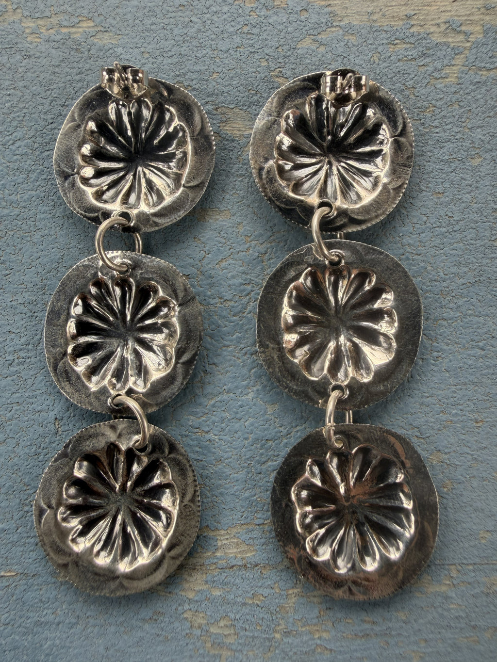 *Native American Made* Navajo Joan Begay:  3 Concho Dangle Earrings