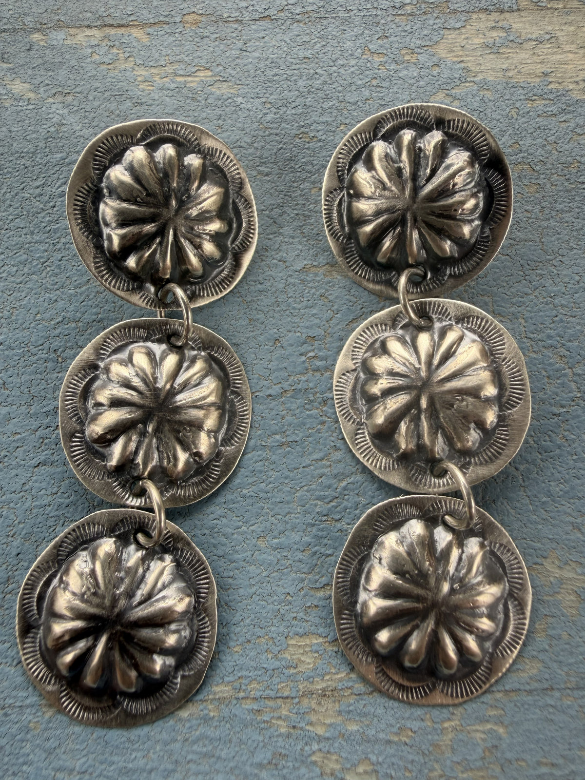 *Native American Made* Navajo Joan Begay:  3 Concho Dangle Earrings