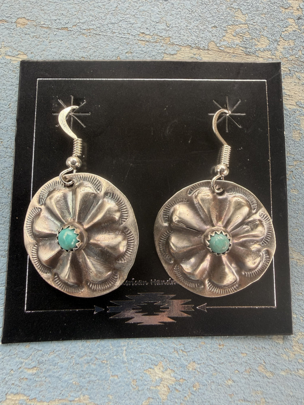 *Native American Made*  Navajo Joan Begay:  Concho with Turquoise Center Dangle Earrings
