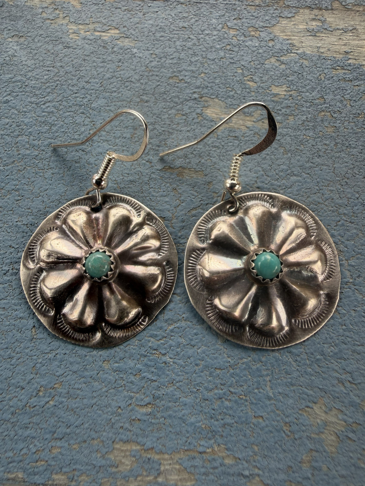 *Native American Made*  Navajo Joan Begay:  Concho with Turquoise Center Dangle Earrings