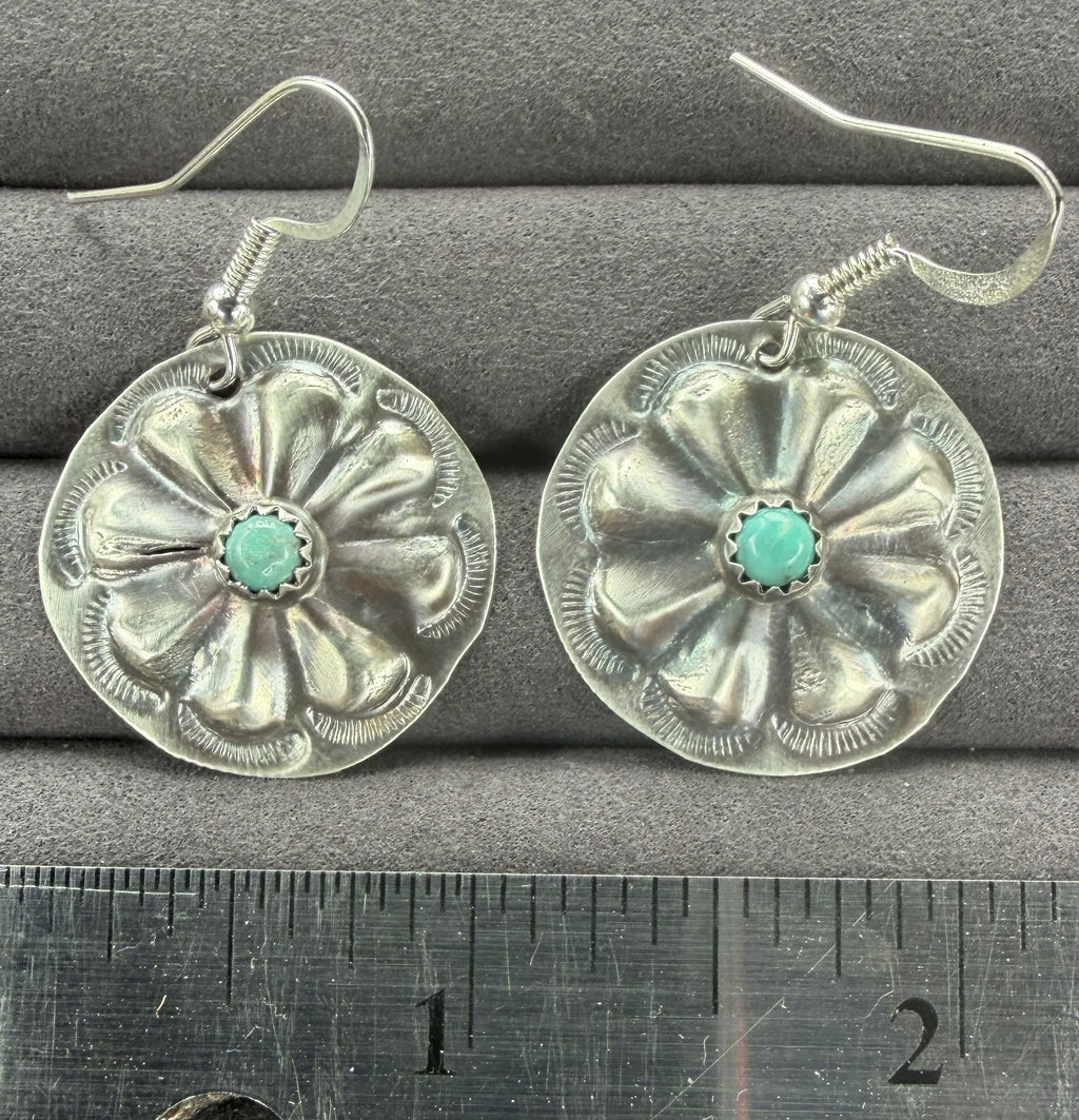 *Native American Made*  Navajo Joan Begay:  Concho with Turquoise Center Dangle Earrings