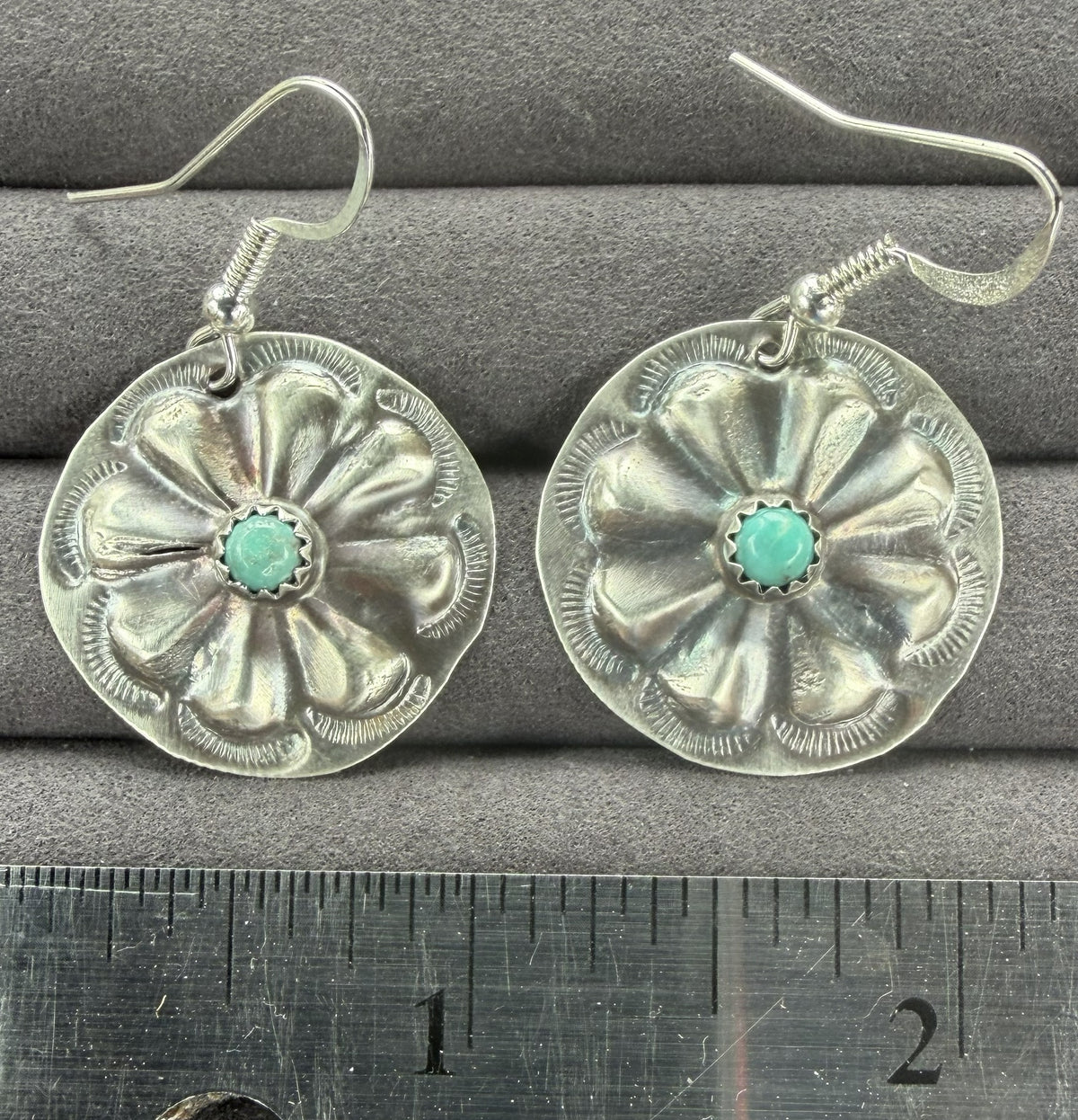 *Native American Made*  Navajo Joan Begay:  Concho with Turquoise Center Dangle Earrings