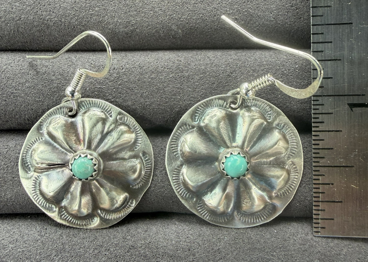 *Native American Made*  Navajo Joan Begay:  Concho with Turquoise Center Dangle Earrings