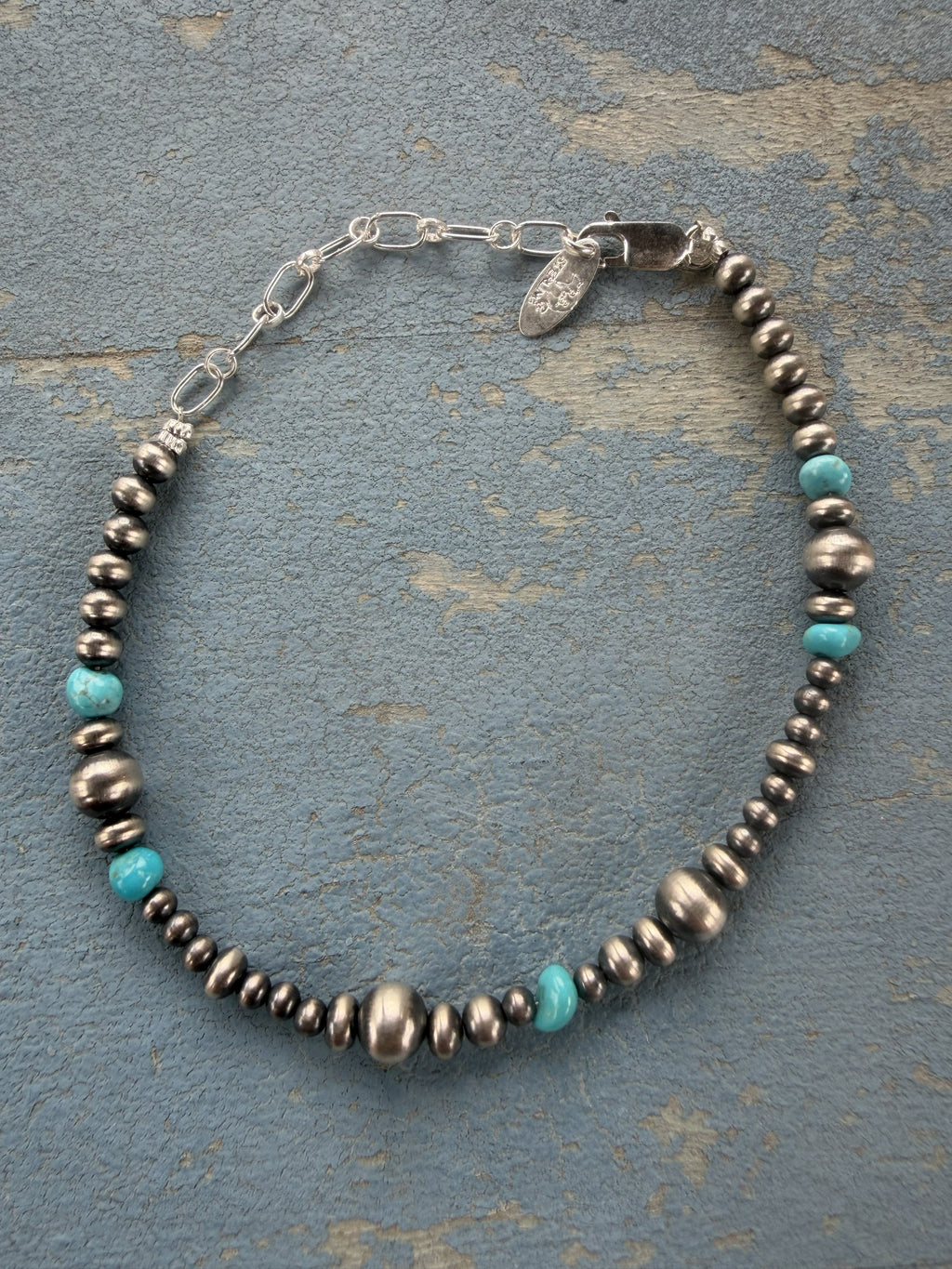 *Native American Made*  Navajo Lucinda Sardo Silver and Turquoise Bead Bracelet