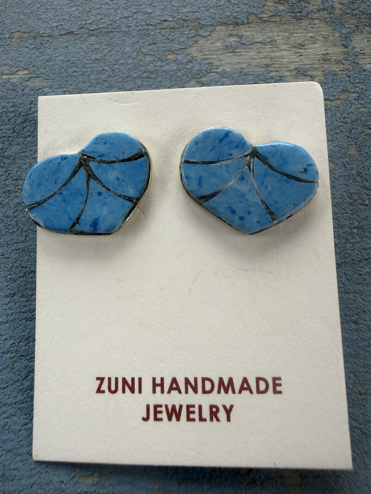 *Native American Made* Zuni Karen Lalio:  Denim Lapis Heart Earrings