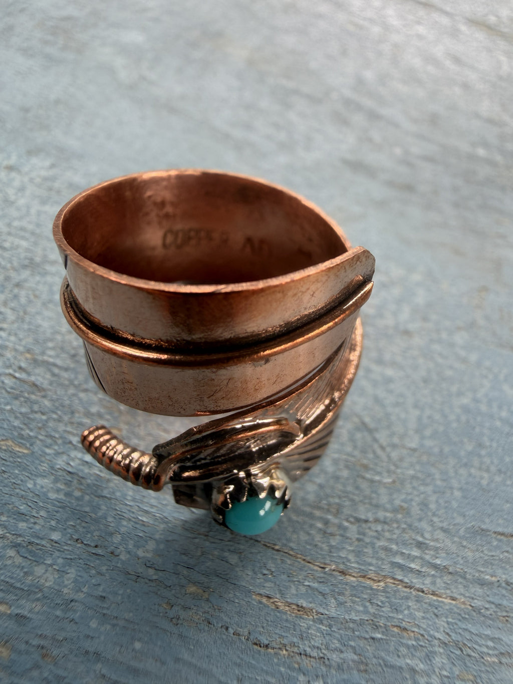 *Native American Made*  Navajo Aaron Davis Feather with Turquoise Adjustable Ring
