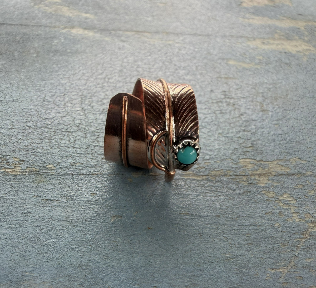*Native American Made*  Navajo Aaron Davis Feather with Turquoise Adjustable Ring