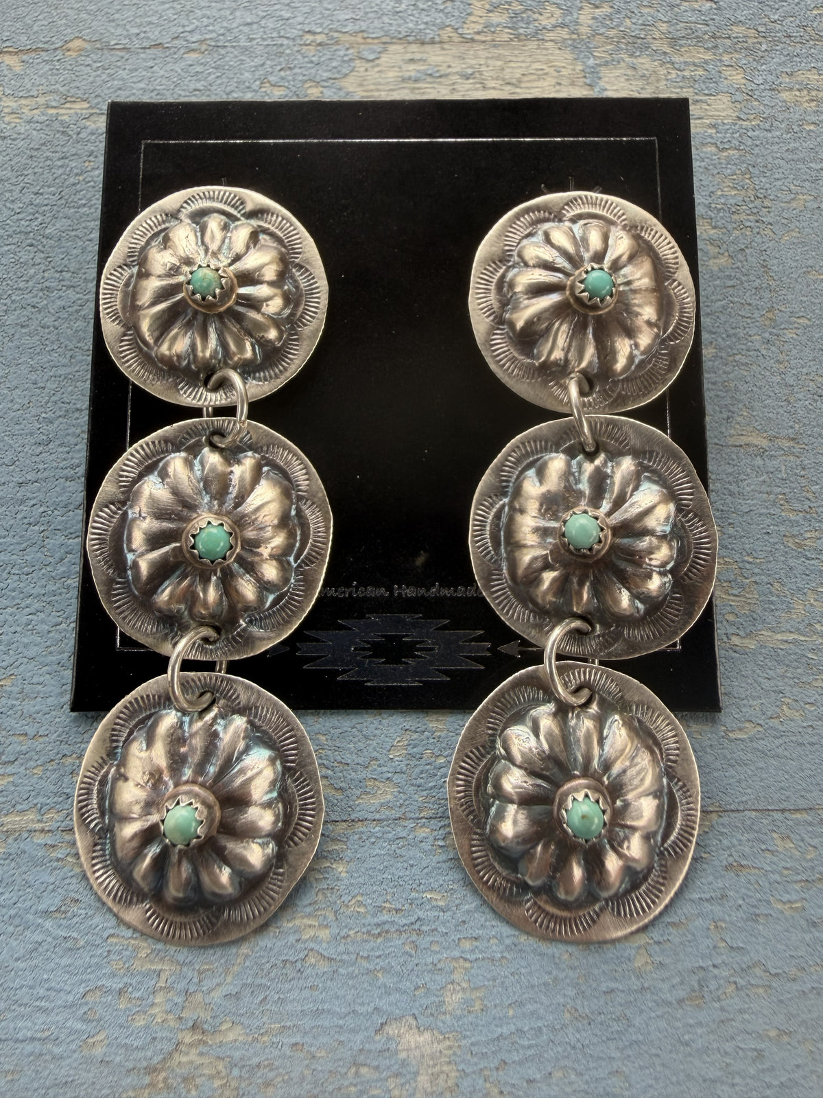 *Native American Made*  Navajo Joan Begay 3 Concho Turquoise Dangle Earrings