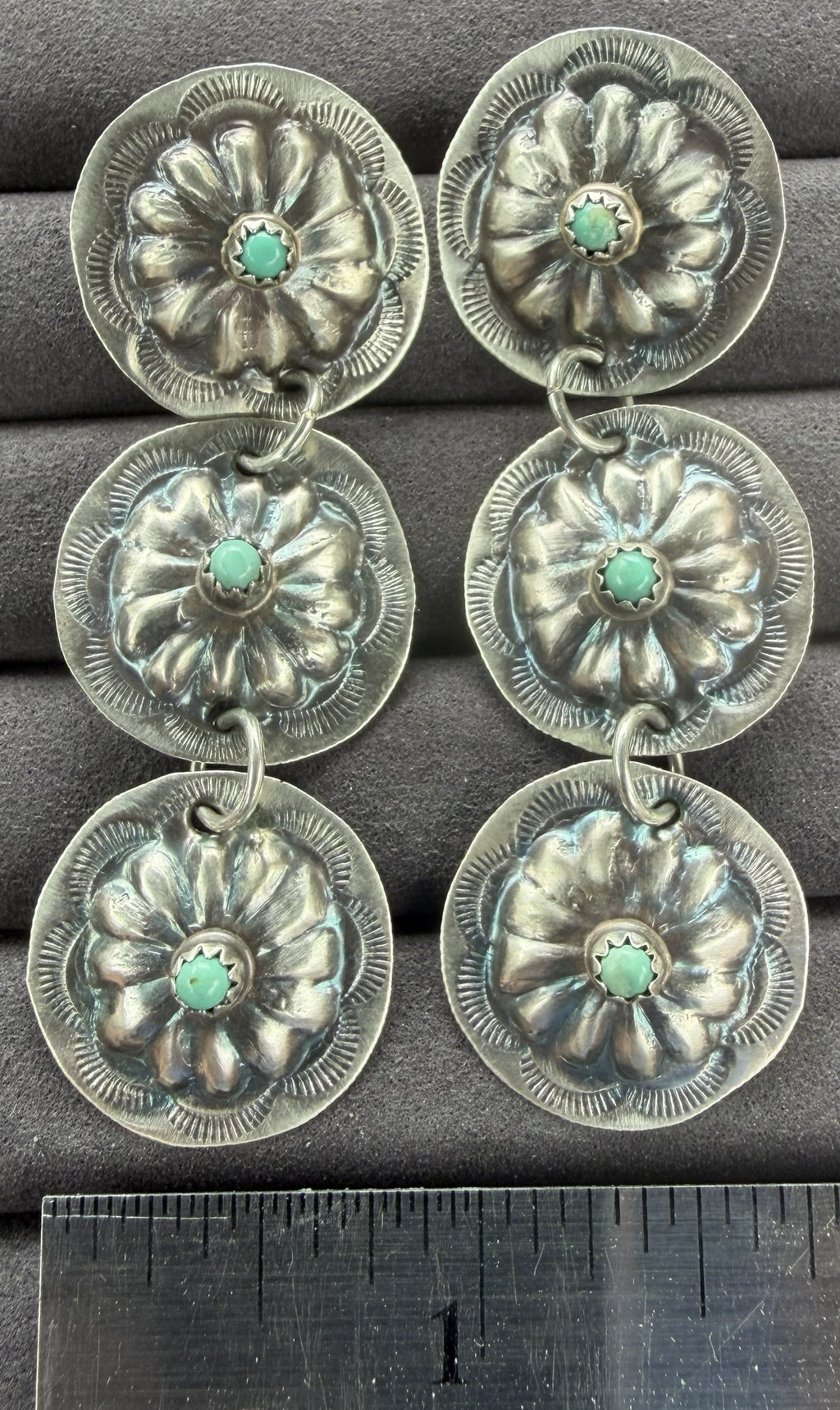 *Native American Made*  Navajo Joan Begay 3 Concho Turquoise Dangle Earrings