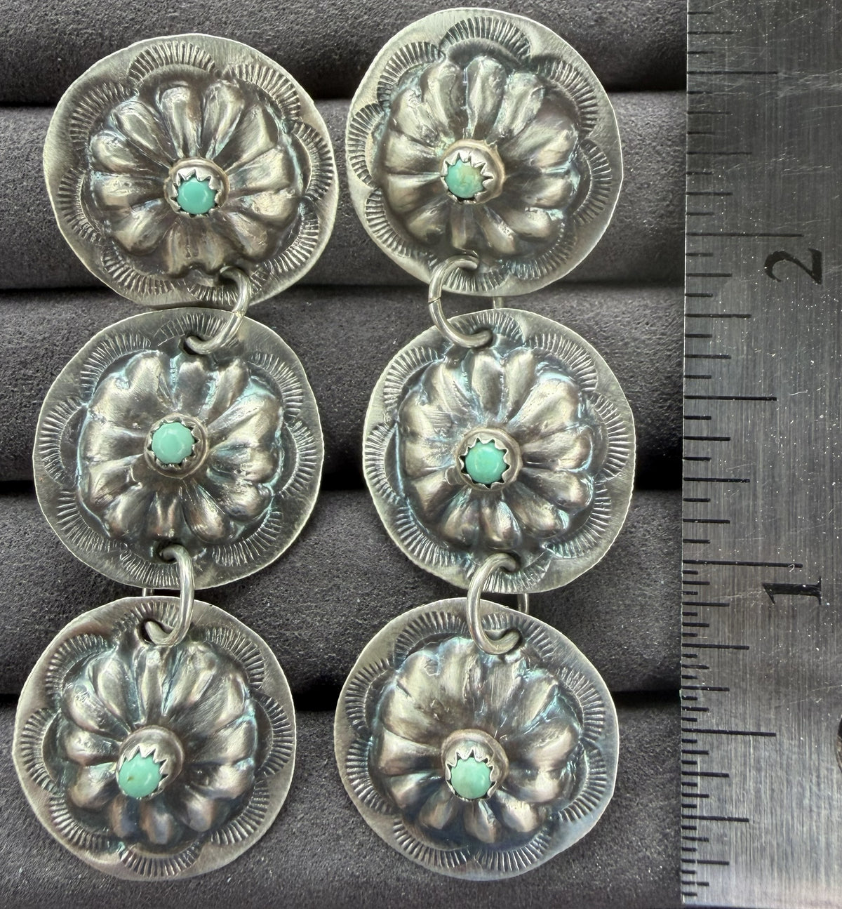 *Native American Made*  Navajo Joan Begay 3 Concho Turquoise Dangle Earrings