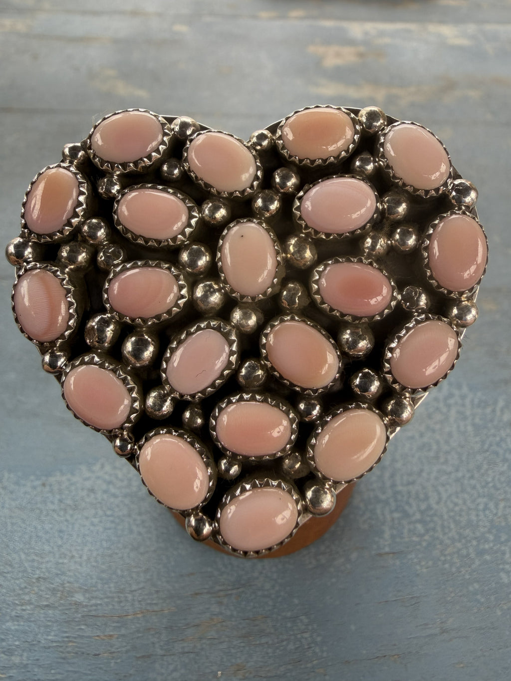 *Native American Made*  Navajo Melvin Jones Pink Conch Pave Heart Adjustable Ring