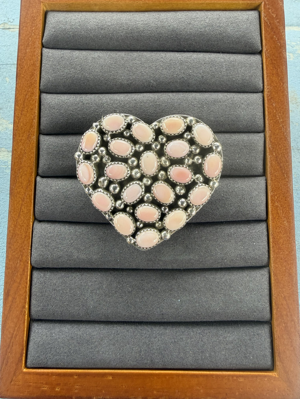 *Native American Made*  Navajo Melvin Jones Pink Conch Pave Heart Adjustable Ring