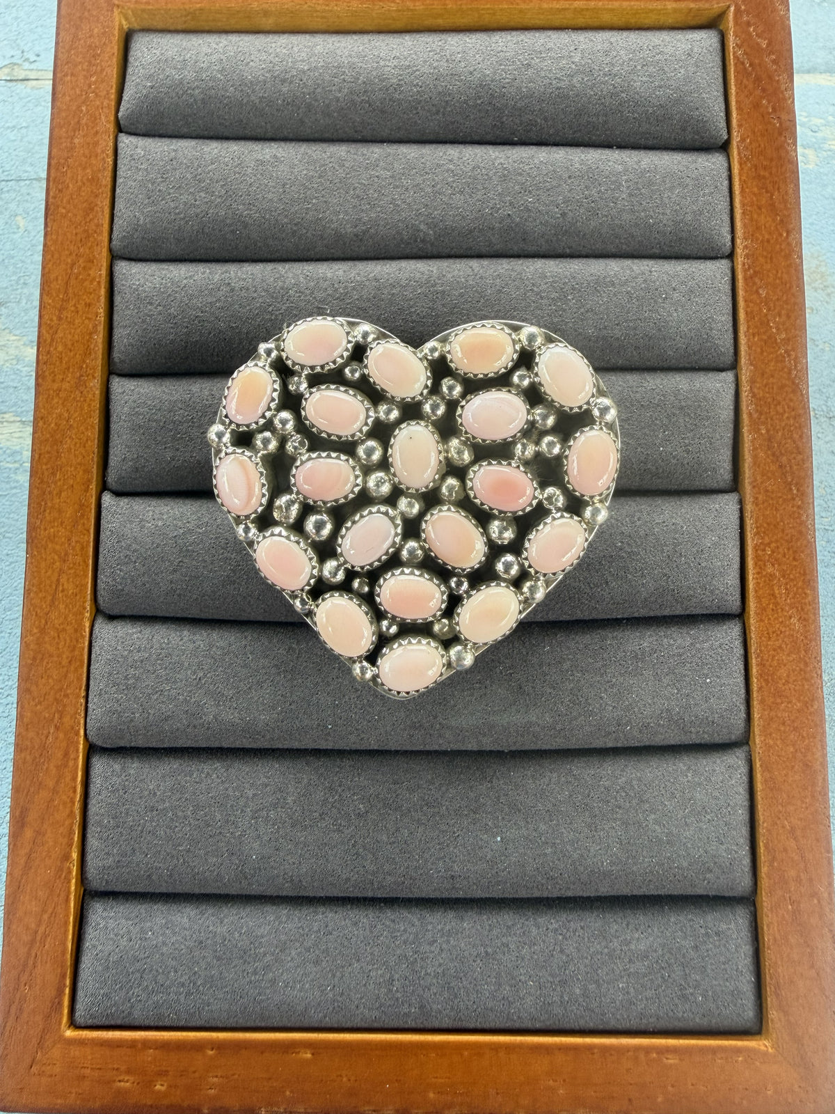 *Native American Made*  Navajo Melvin Jones Pink Conch Pave Heart Adjustable Ring