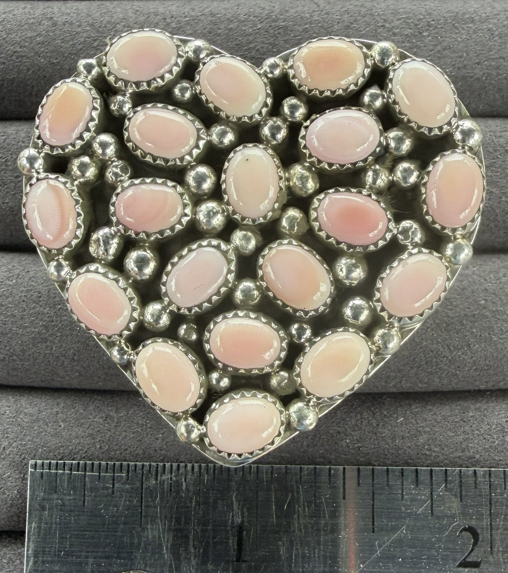 *Native American Made*  Navajo Melvin Jones Pink Conch Pave Heart Adjustable Ring