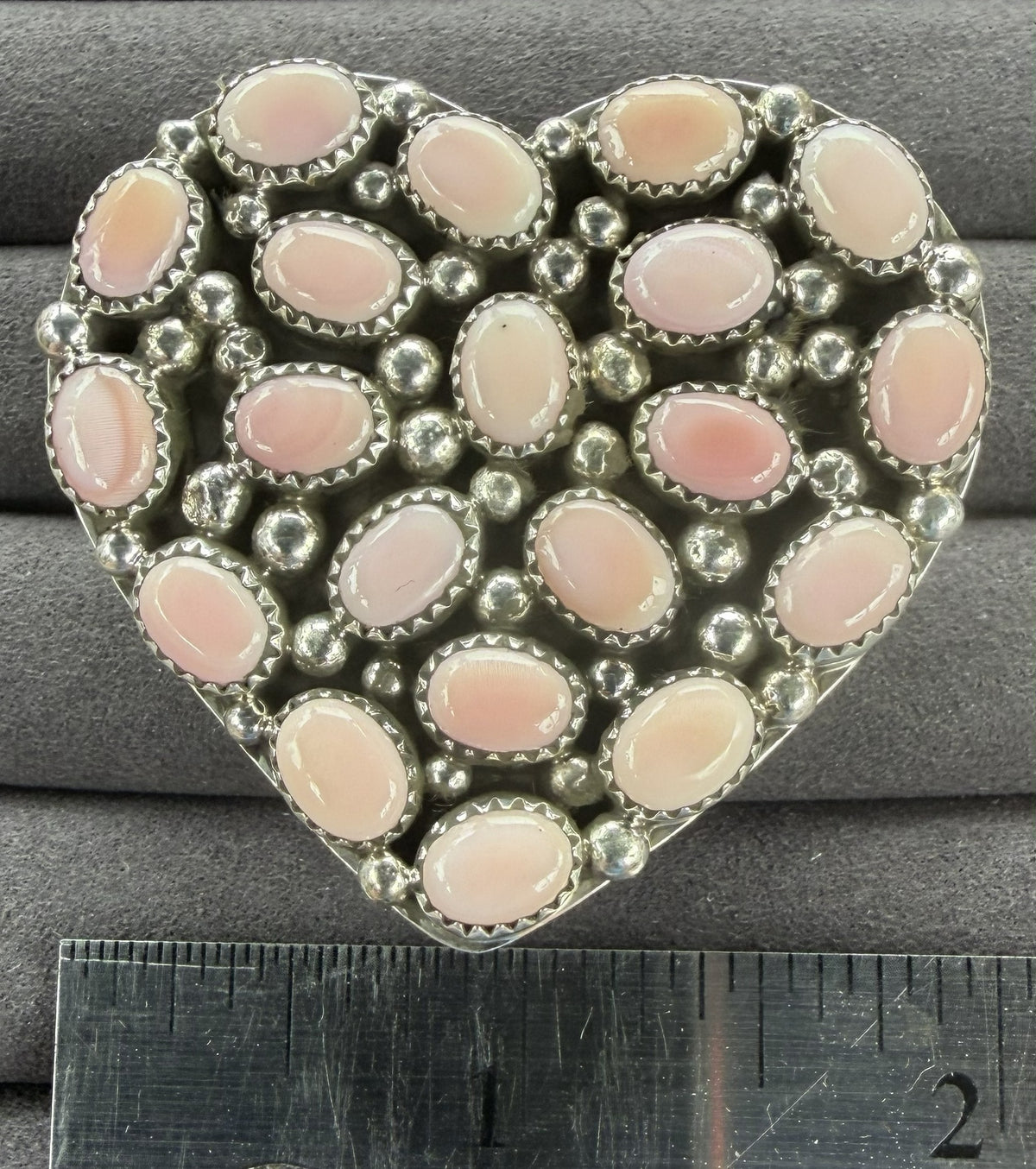 *Native American Made*  Navajo Melvin Jones Pink Conch Pave Heart Adjustable Ring