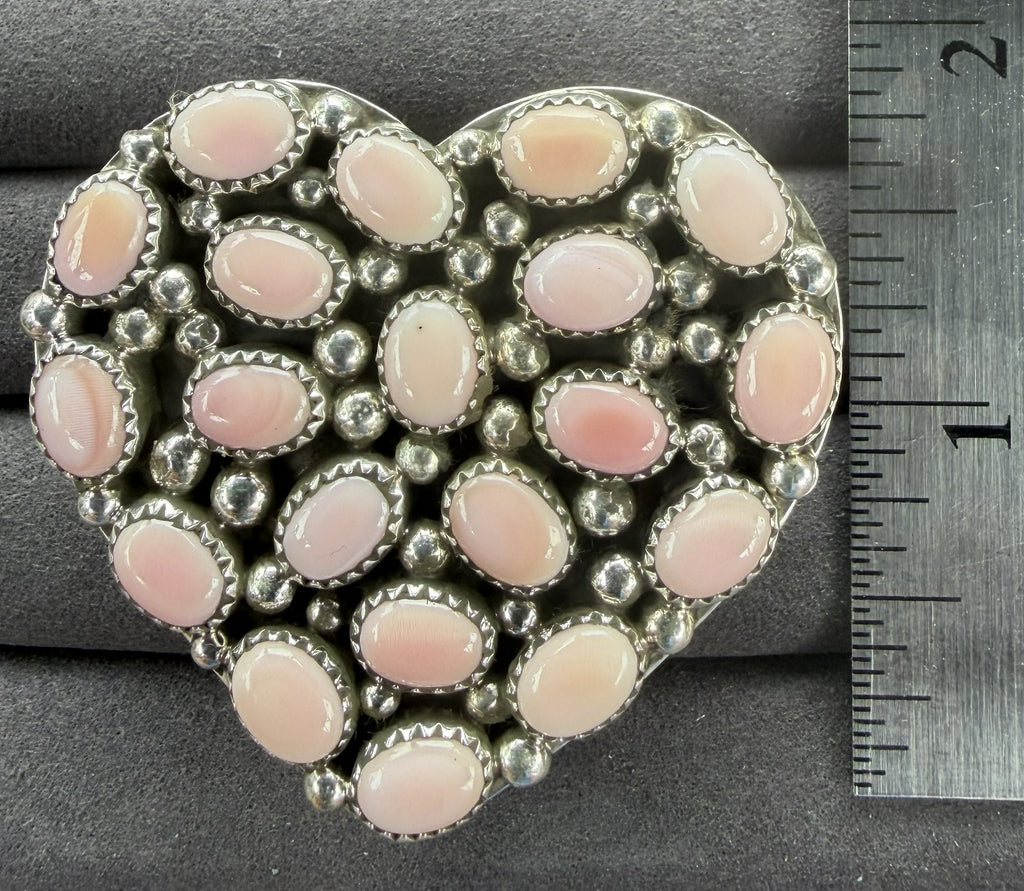 *Native American Made*  Navajo Melvin Jones Pink Conch Pave Heart Adjustable Ring