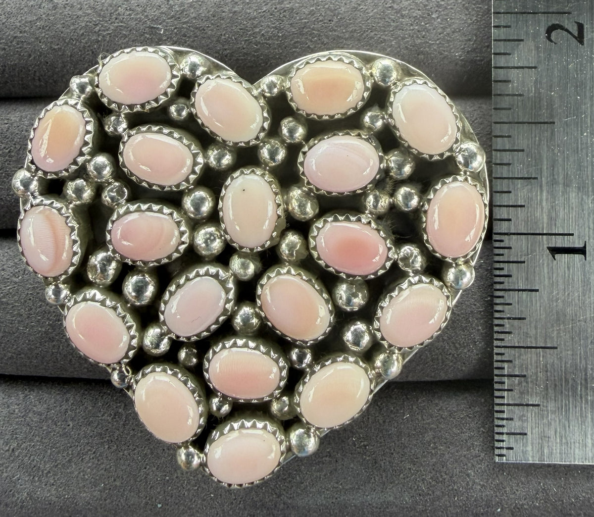 *Native American Made*  Navajo Melvin Jones Pink Conch Pave Heart Adjustable Ring