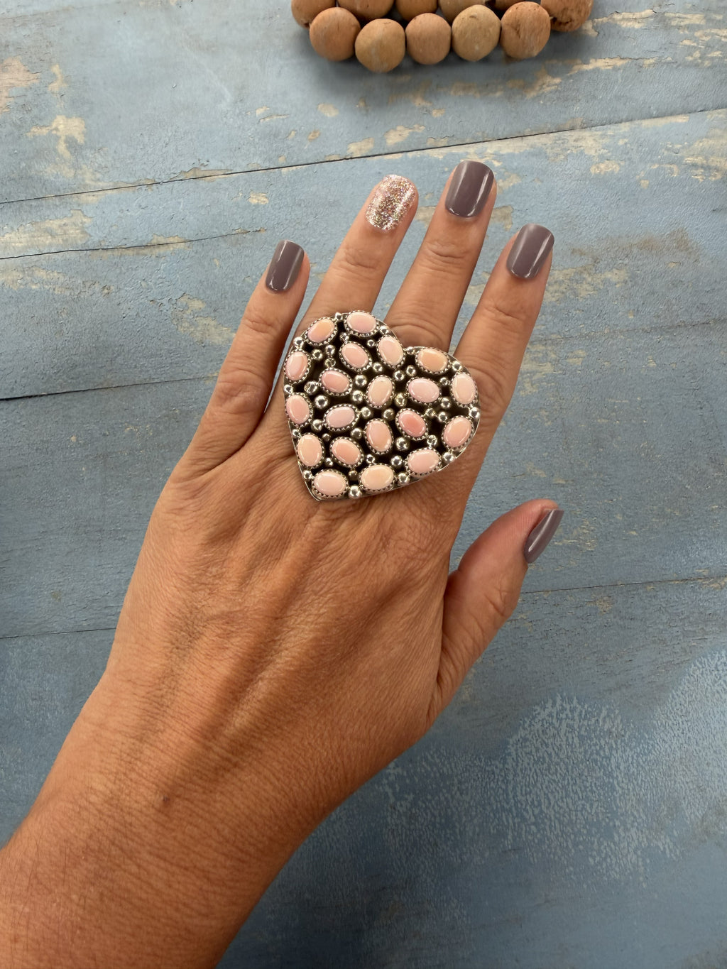 *Native American Made*  Navajo Melvin Jones Pink Conch Pave Heart Adjustable Ring
