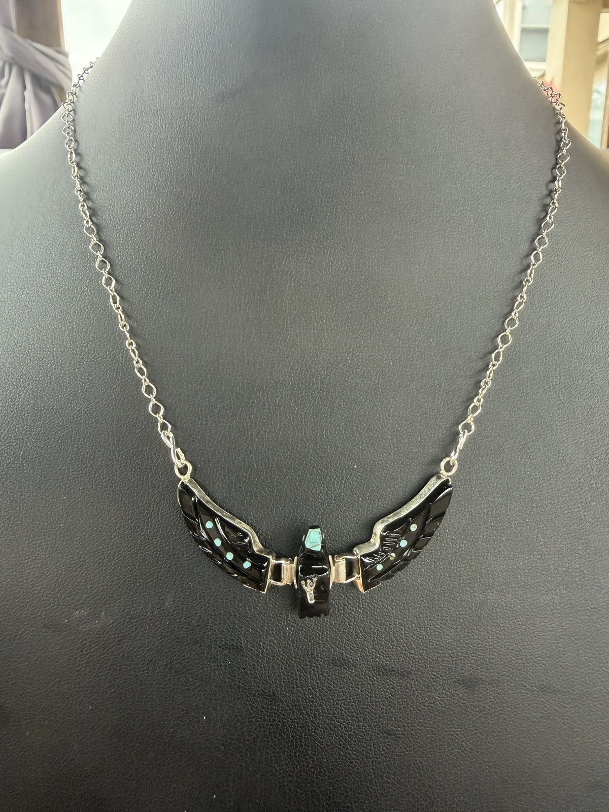 *Native American Made*  Navajo Ben Livingston Black Onyx Eagle Necklace