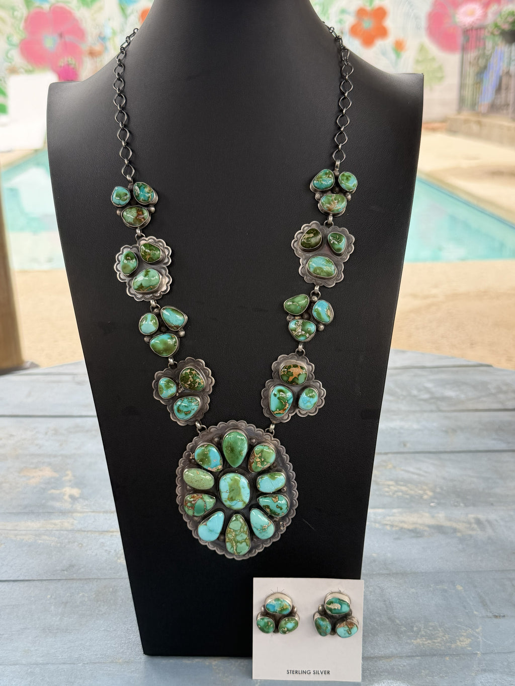 *Native American Made*  Navajo Scott Skeets Statement Sonoran Cluster Necklace with Earrings